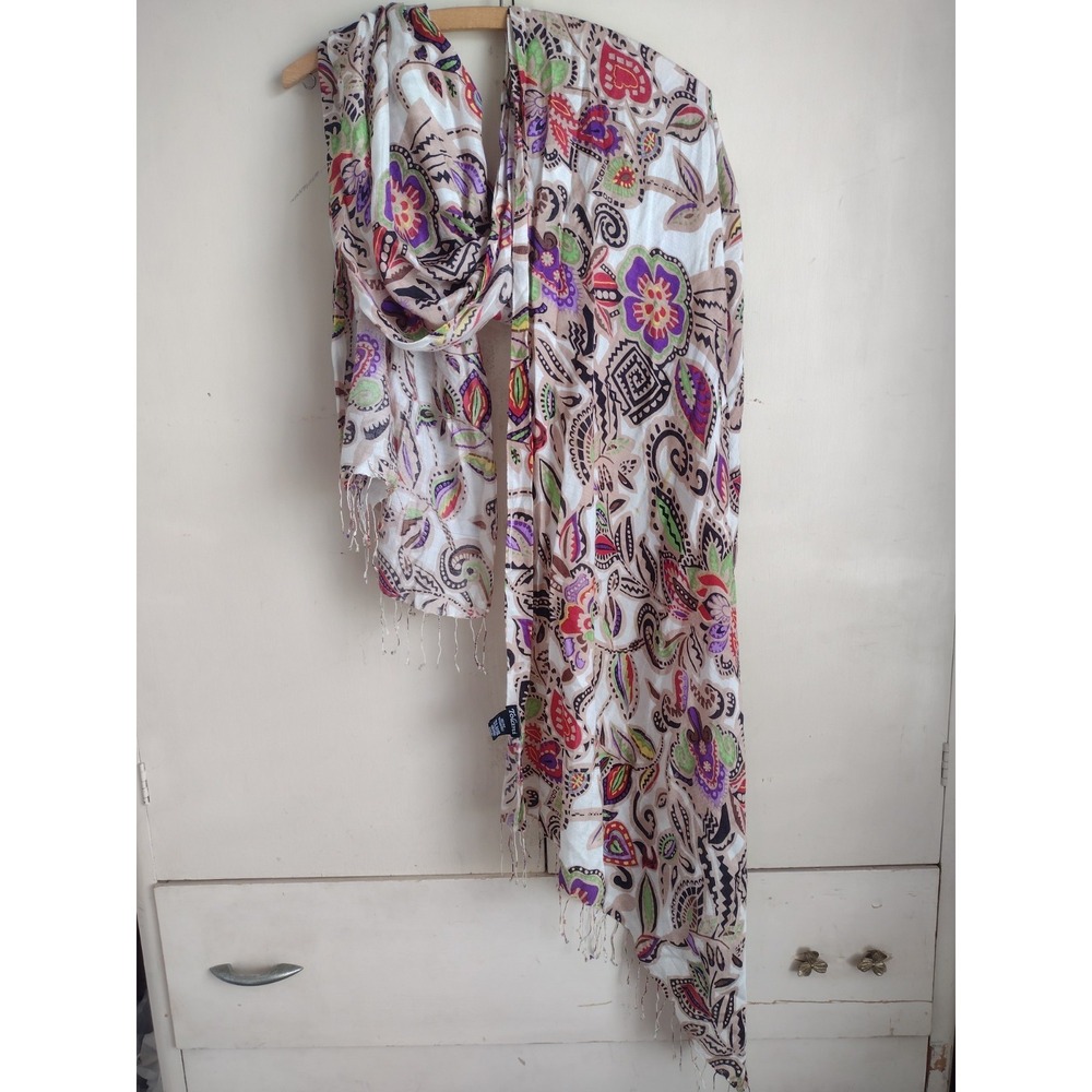 TOLANI Women 100% Silk Scarf Shawl Purple Multi Geometric Fringe Floral Ethnic